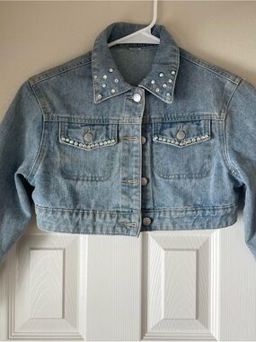 Irish Dance Cropped Light Wash Denim Jacket with Rhinestone Accents